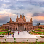 Pune , India: September 18th, 2017- Evening sky with Shree Swaminarayan Mandir, Ambe Gaon, Pune . Akshardham Temple Delhi